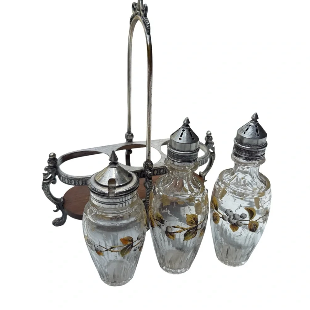 Antique Victorian Floral Cruet Set Hand Painted Glass Oil & Vinegar